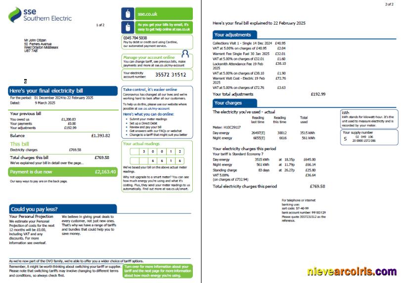 Scotland SSE utility bill, 2 pages